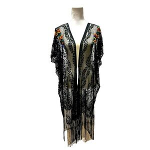 Lace Embroidery Fringe Hem Sheer Boho Shawl cover up one size